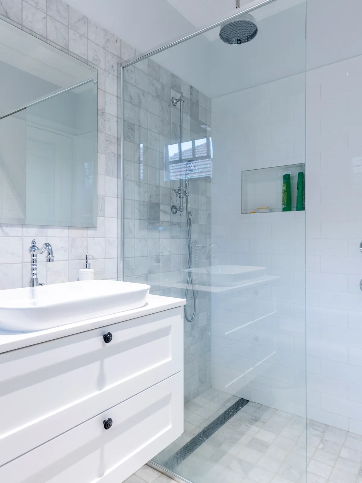 Shaker vanity and frameless screen