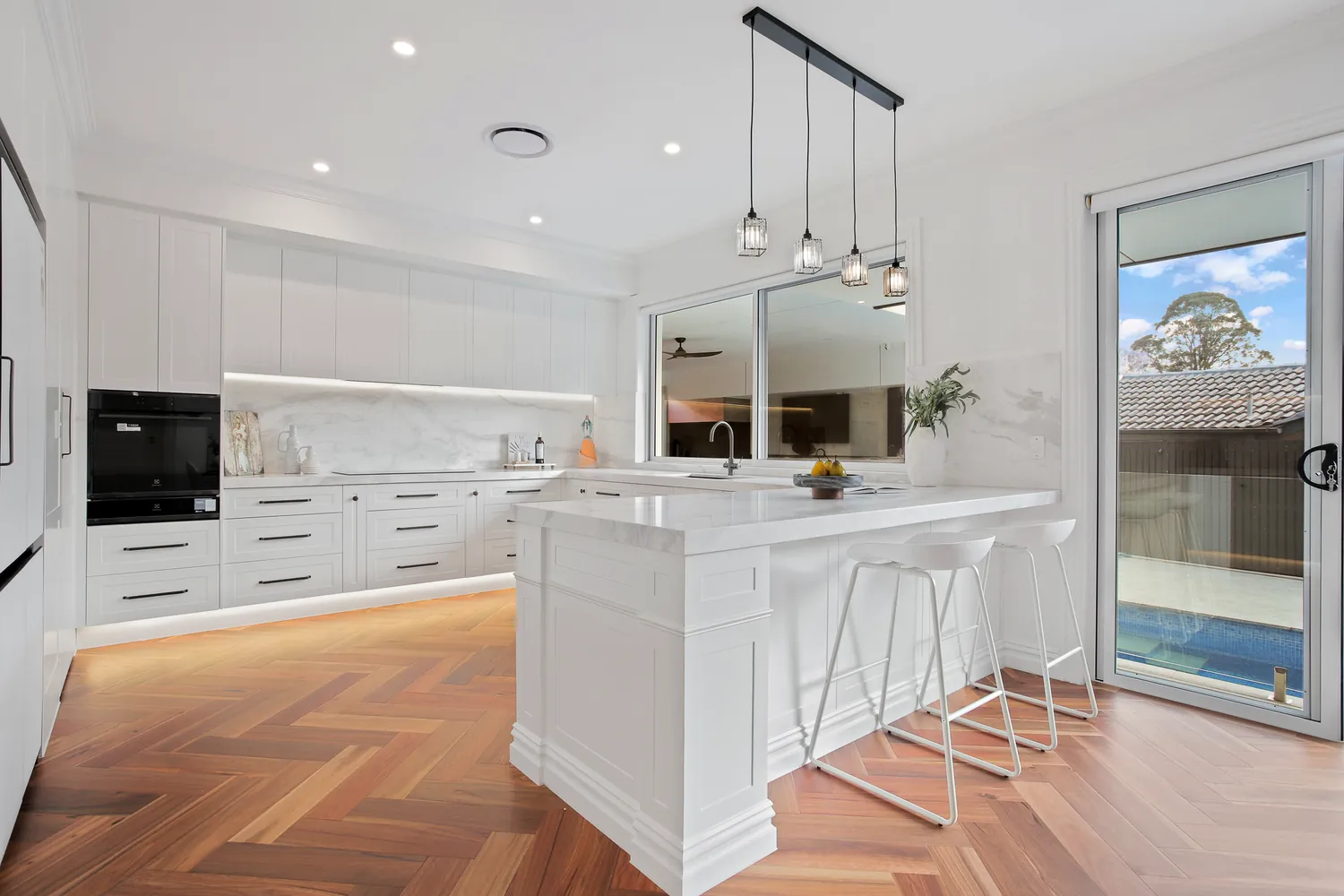 Island bench and pendant lighting