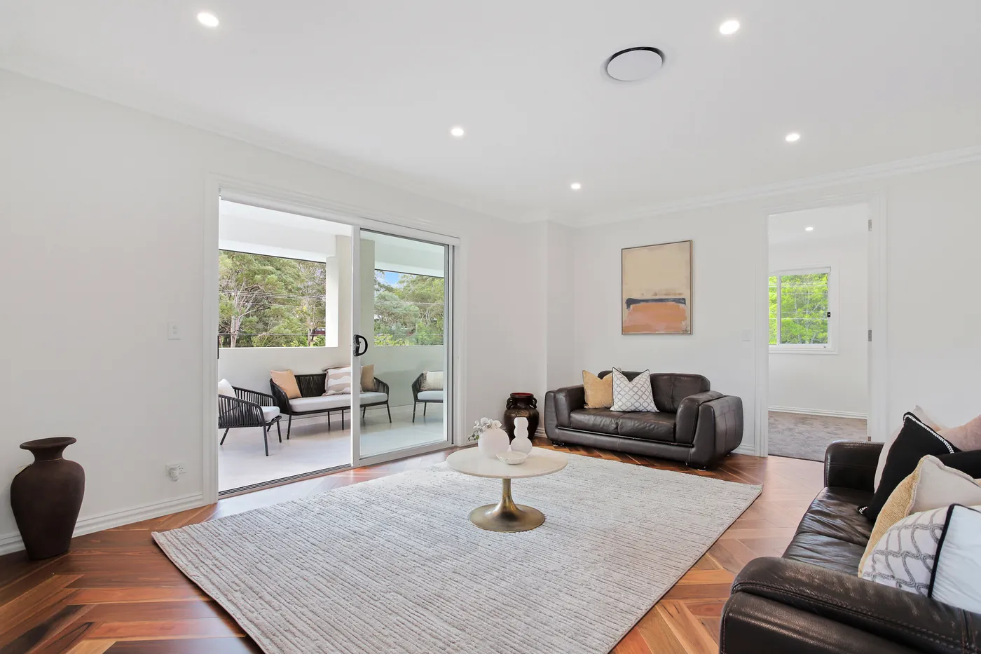 Living area with stone fireplace